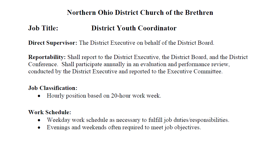  Position Opening - District Youth Coordinator