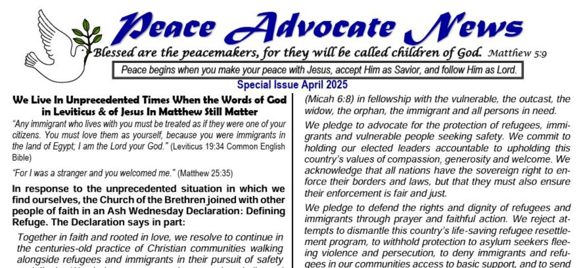 Peace Advocate Newsletter Special Issue on Immigration