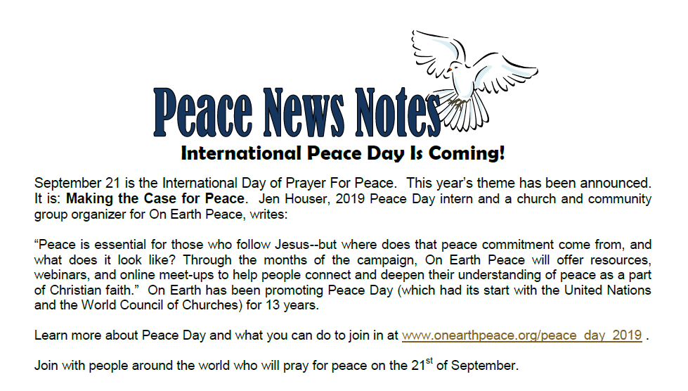 Peace News Notes-International Peace Day is Coming!